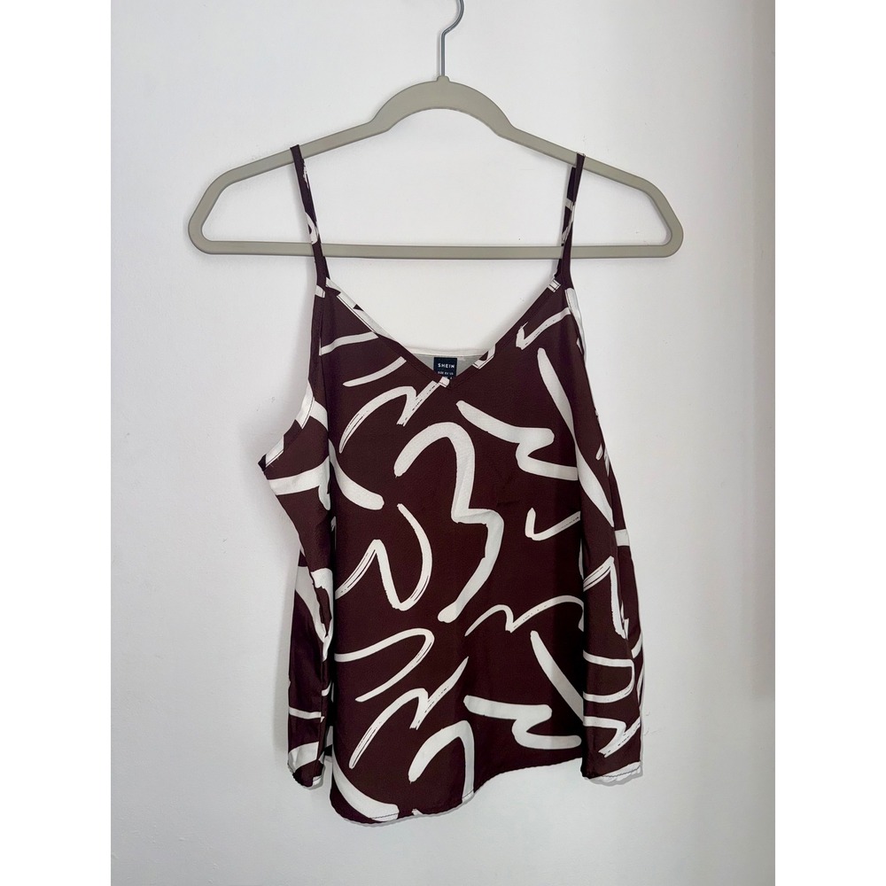 SHEIN Brown Abstract Swirl Print V-Neck Cami Tank Top Adjustable Straps Size M